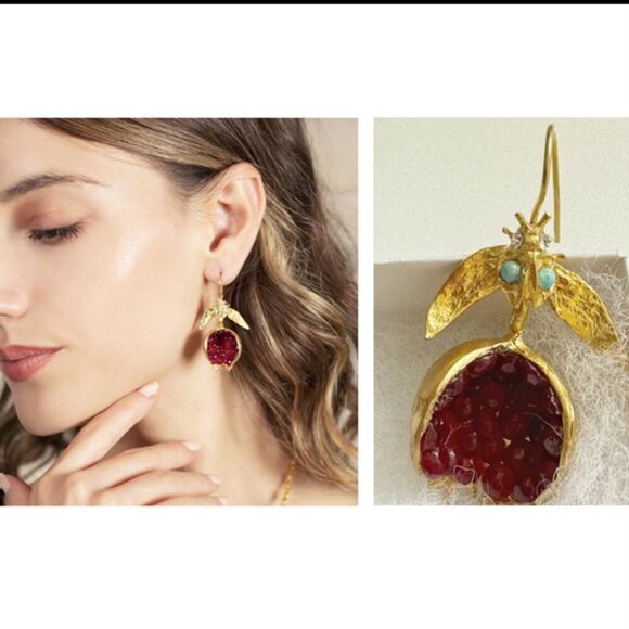Jeweled Garnet and Turquoise Gold Plated Pomegranate Turkish Artisan Earrings - Picture 1 of 12